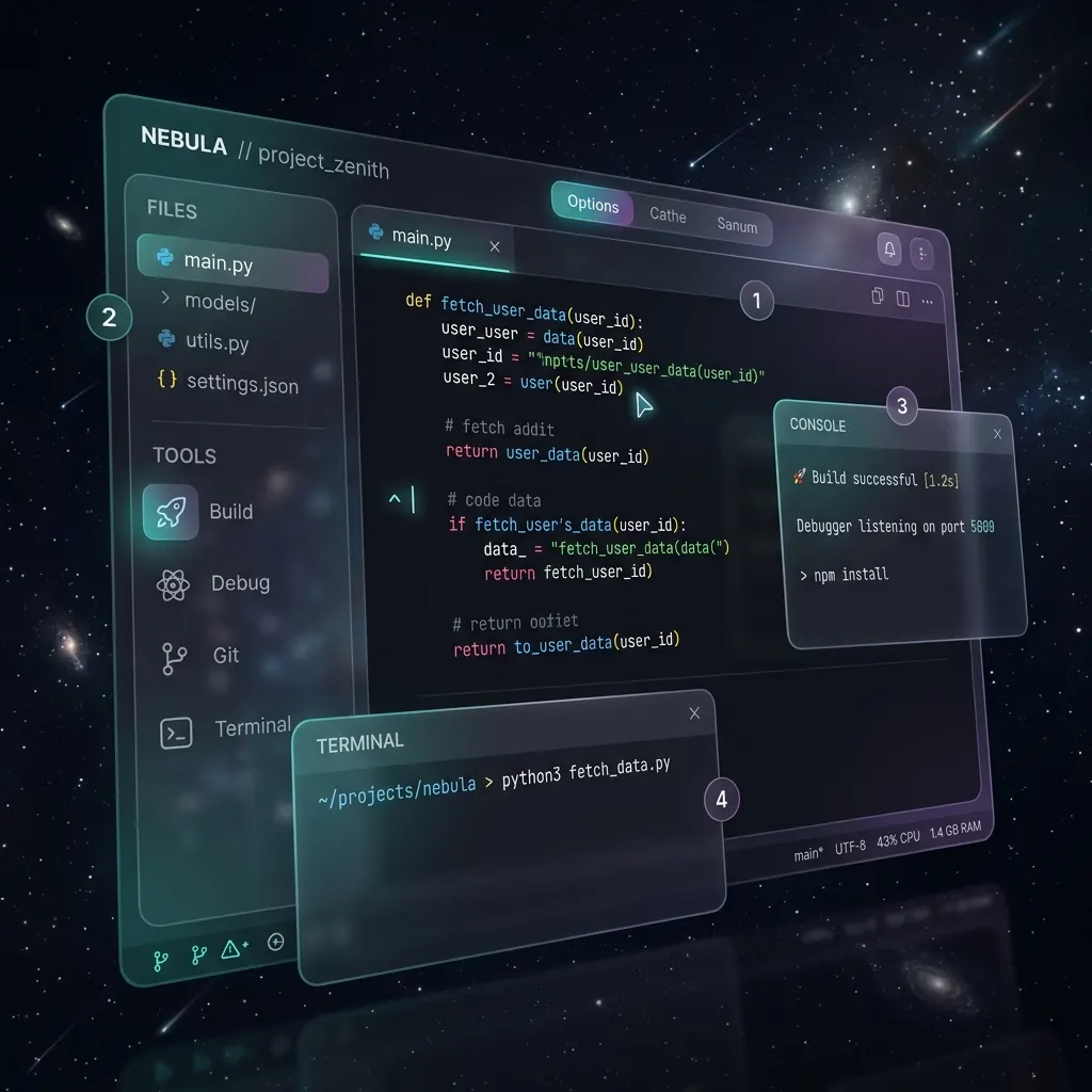 Concept visual of a developer workspace with code editor, console and terminal panels