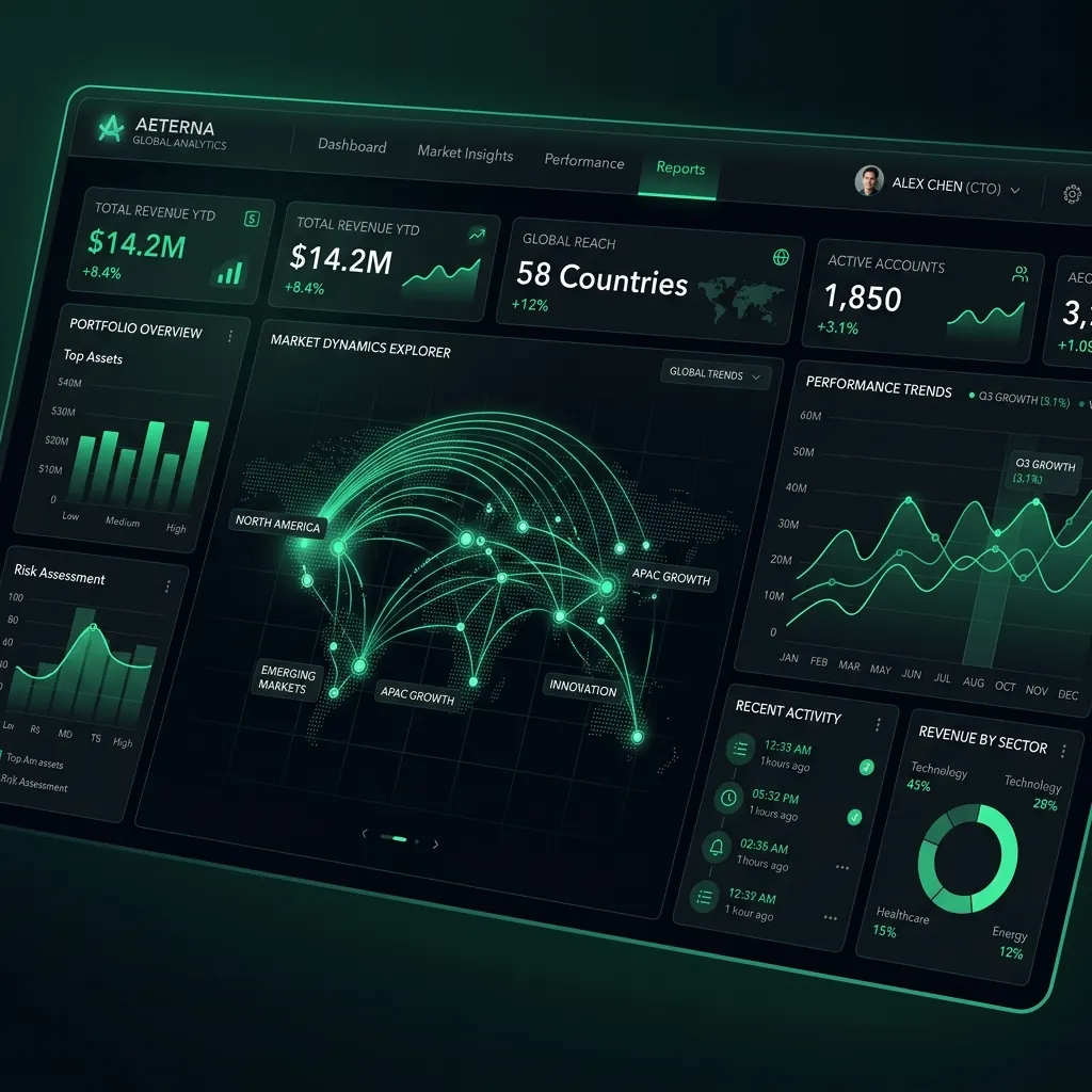Concept visual of a green-accented B2B dashboard with revenue charts and a world map