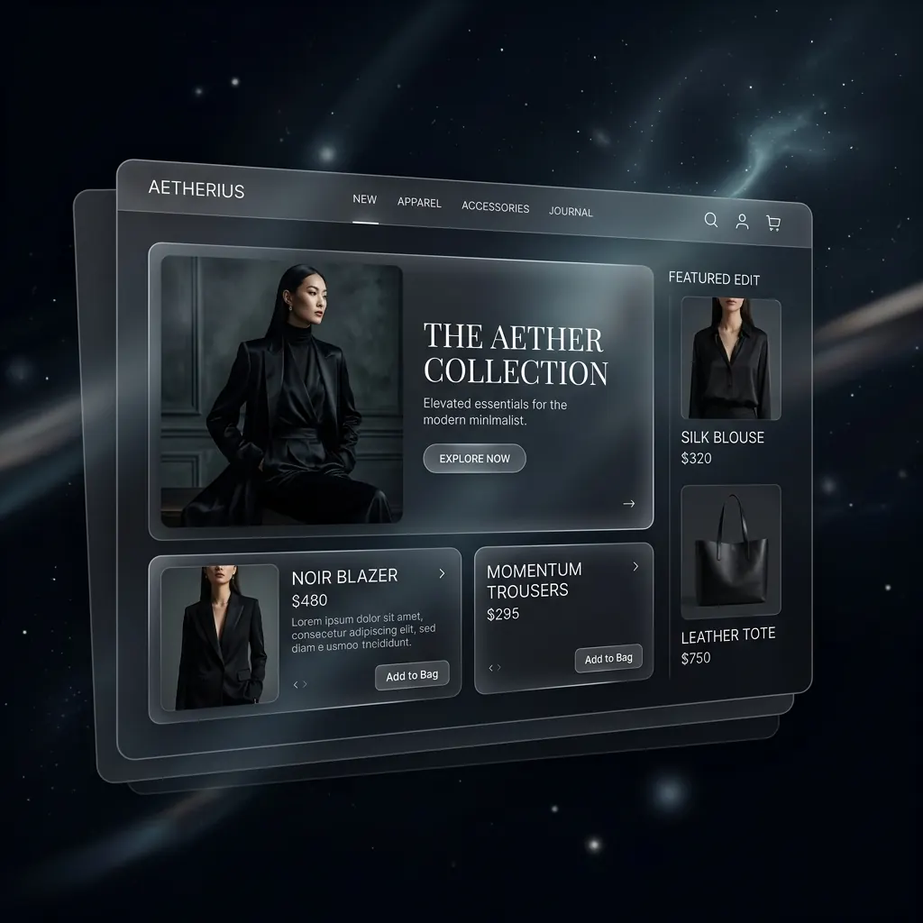 Concept visual of a dark, editorial fashion storefront with a collection banner and product cards