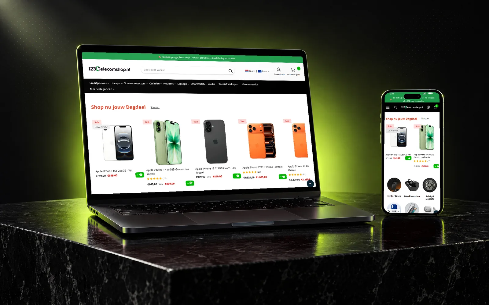 123TelecomShop Shopify store shown on a laptop and phone